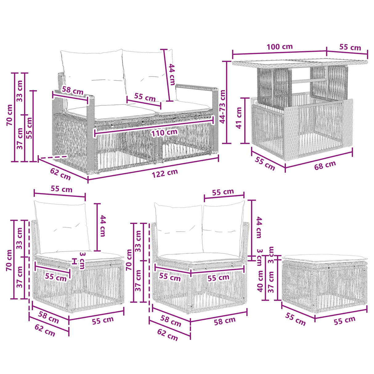 vidaXL Tuinbank Set 9 st Zwart en Crème Wit poly rattan