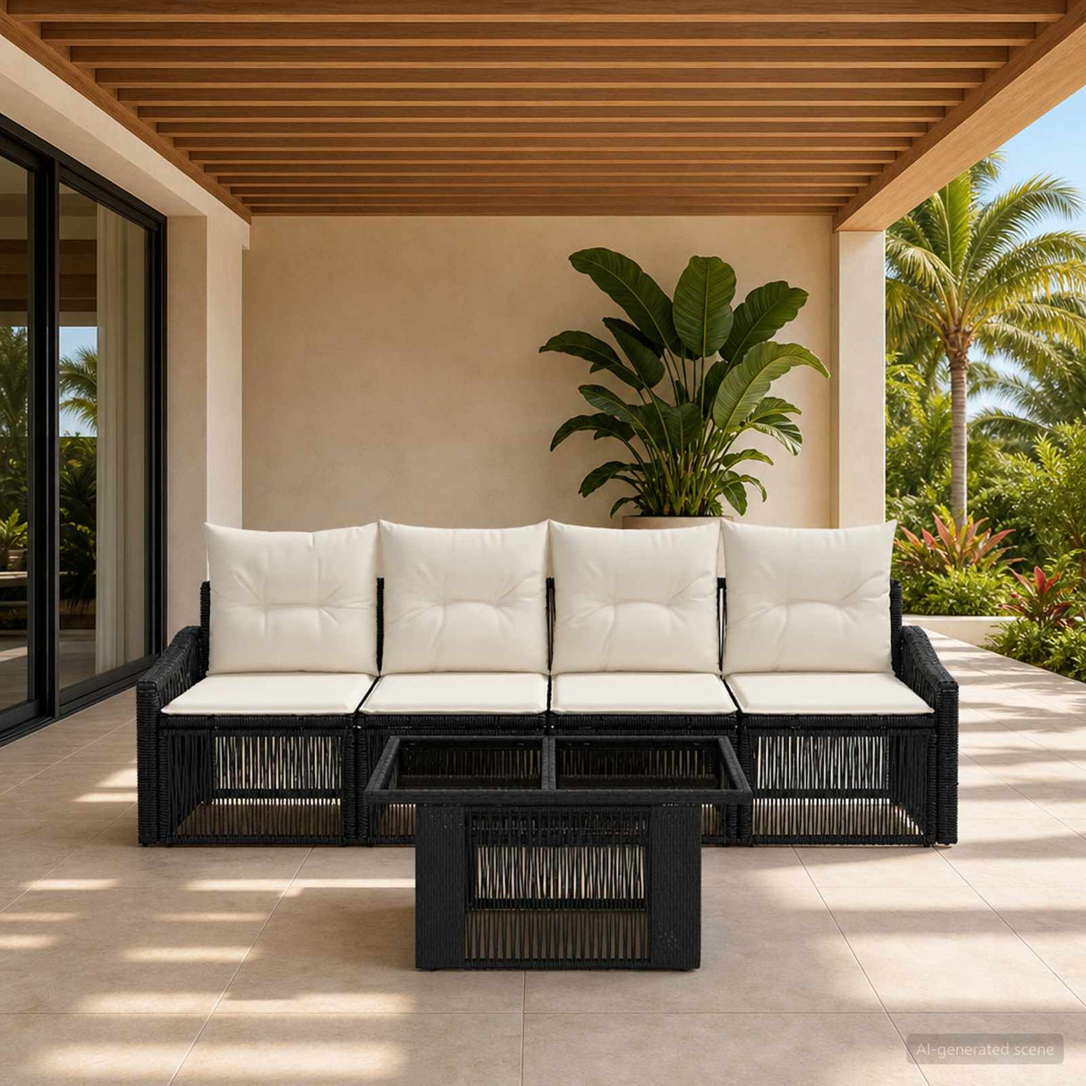vidaXL Tuinbank Set 5 st Zwart en Crème Wit poly rattan