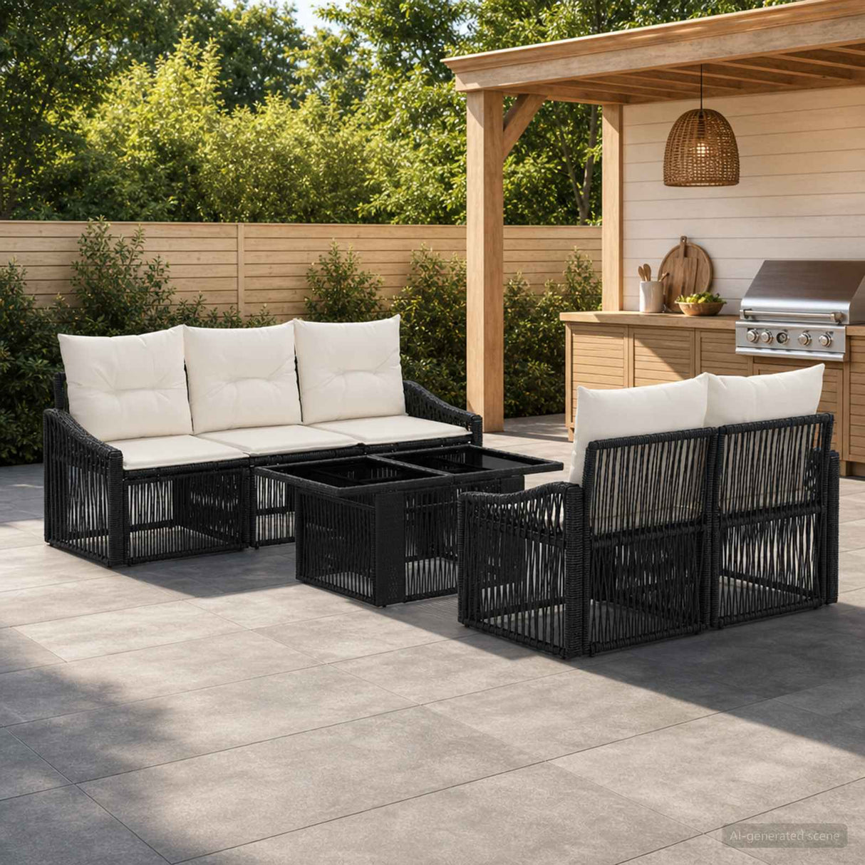 vidaXL Tuinbank Set 6 st Zwart en Crème Wit poly rattan