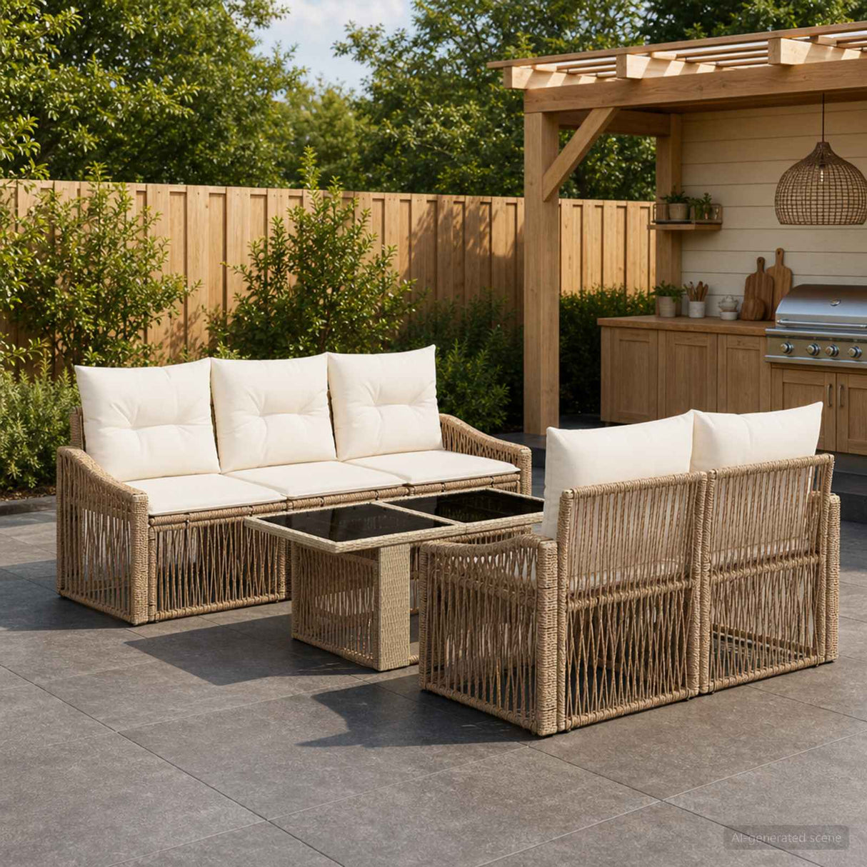 vidaXL Tuinbank Set 6 st Zwart en Crème Wit poly rattan