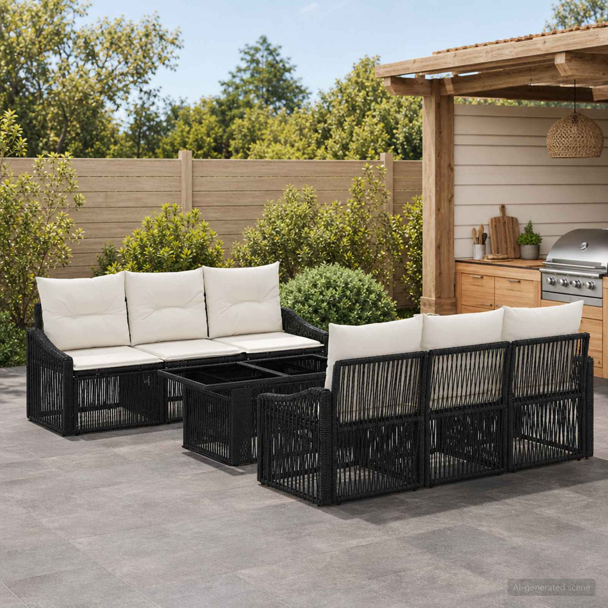 vidaXL Tuinbank Set 7 st Zwart en Crème Wit poly rattan