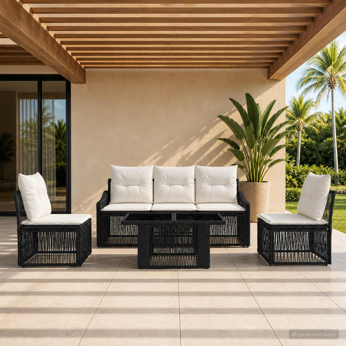 vidaXL Tuinbank Set 6 st Zwart en Crème Wit poly rattan