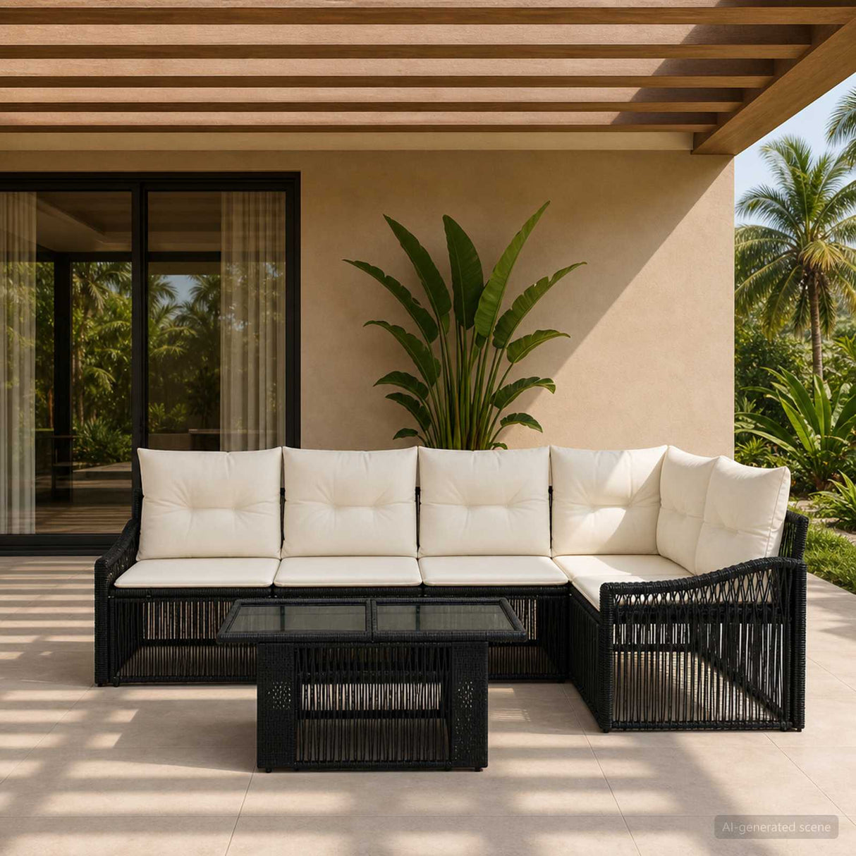 vidaXL Tuinbank Set 6 st Zwart en Crème Wit poly rattan