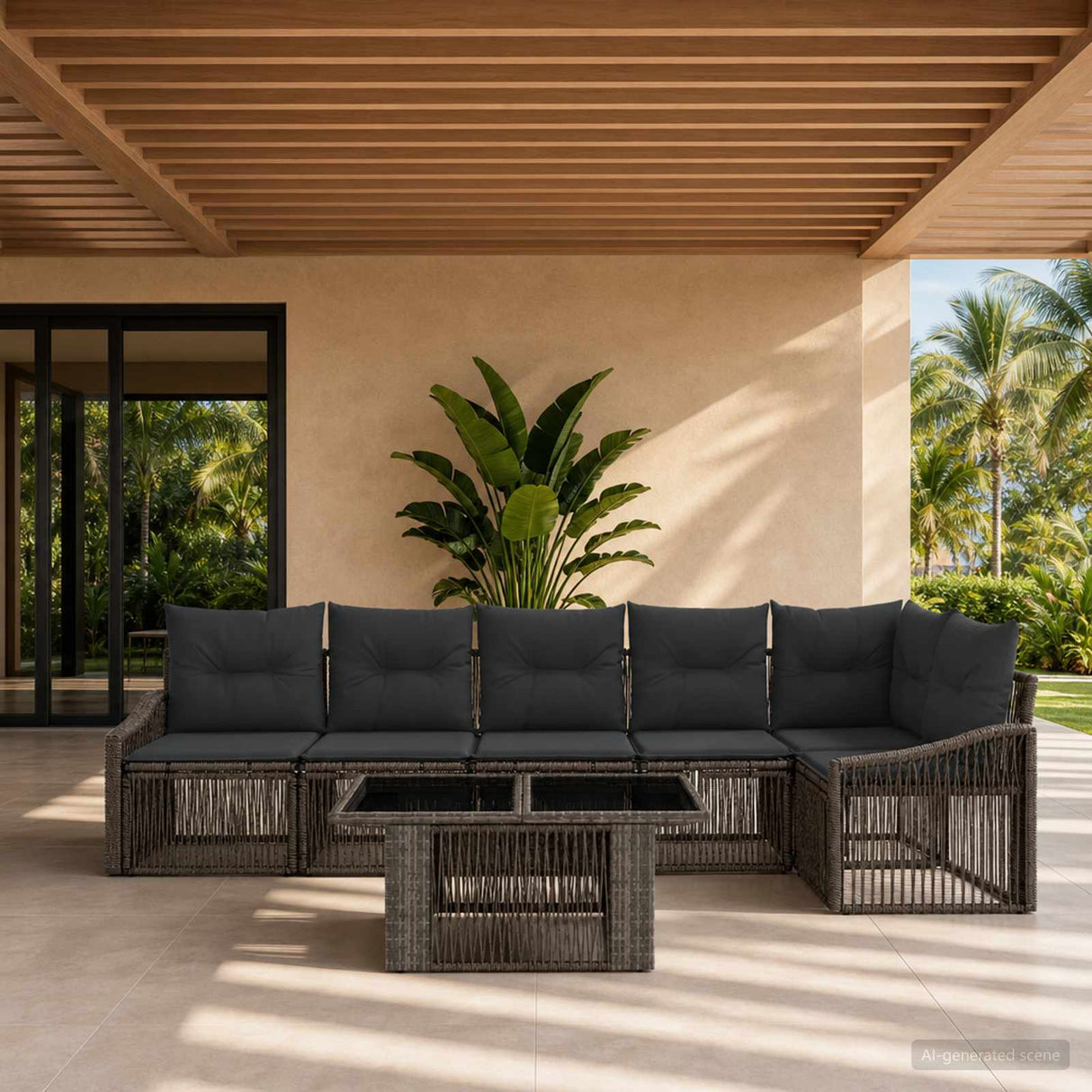 vidaXL Tuinbank Set 7 st Zwart en Crème Wit poly rattan
