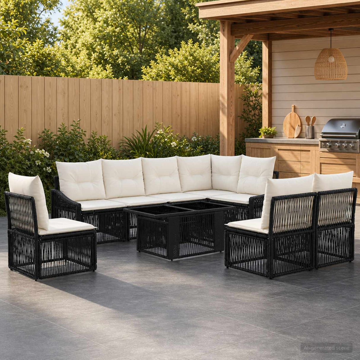 vidaXL Tuinbank Set 9 st Zwart en Crème Wit poly rattan