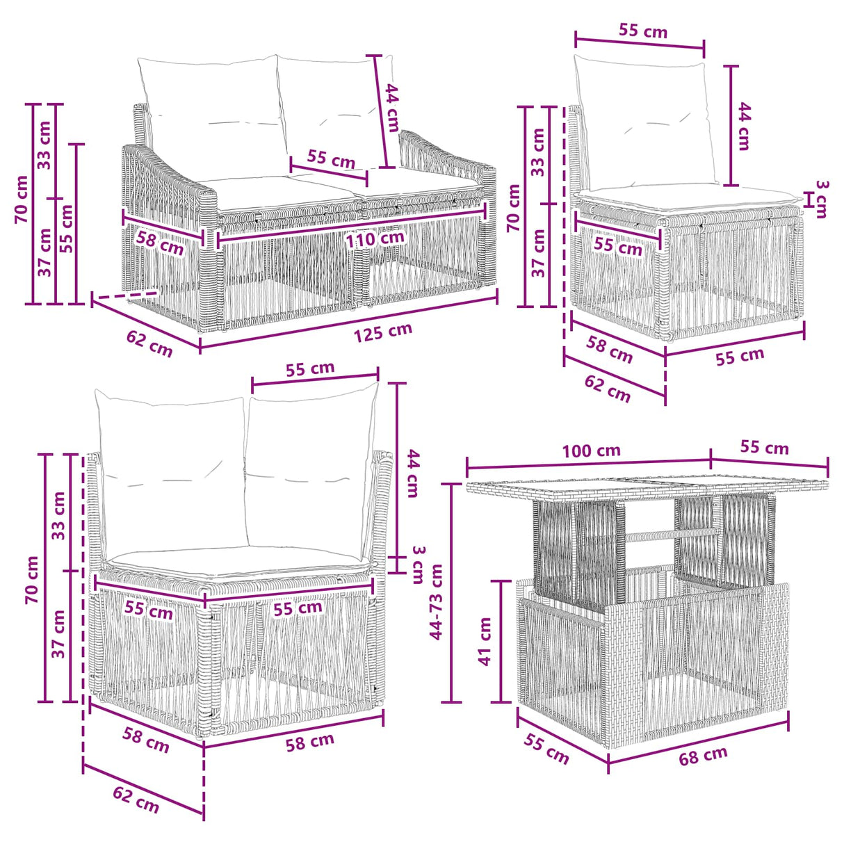 vidaXL Tuinbank Set 9 st Zwart en Crème Wit poly rattan