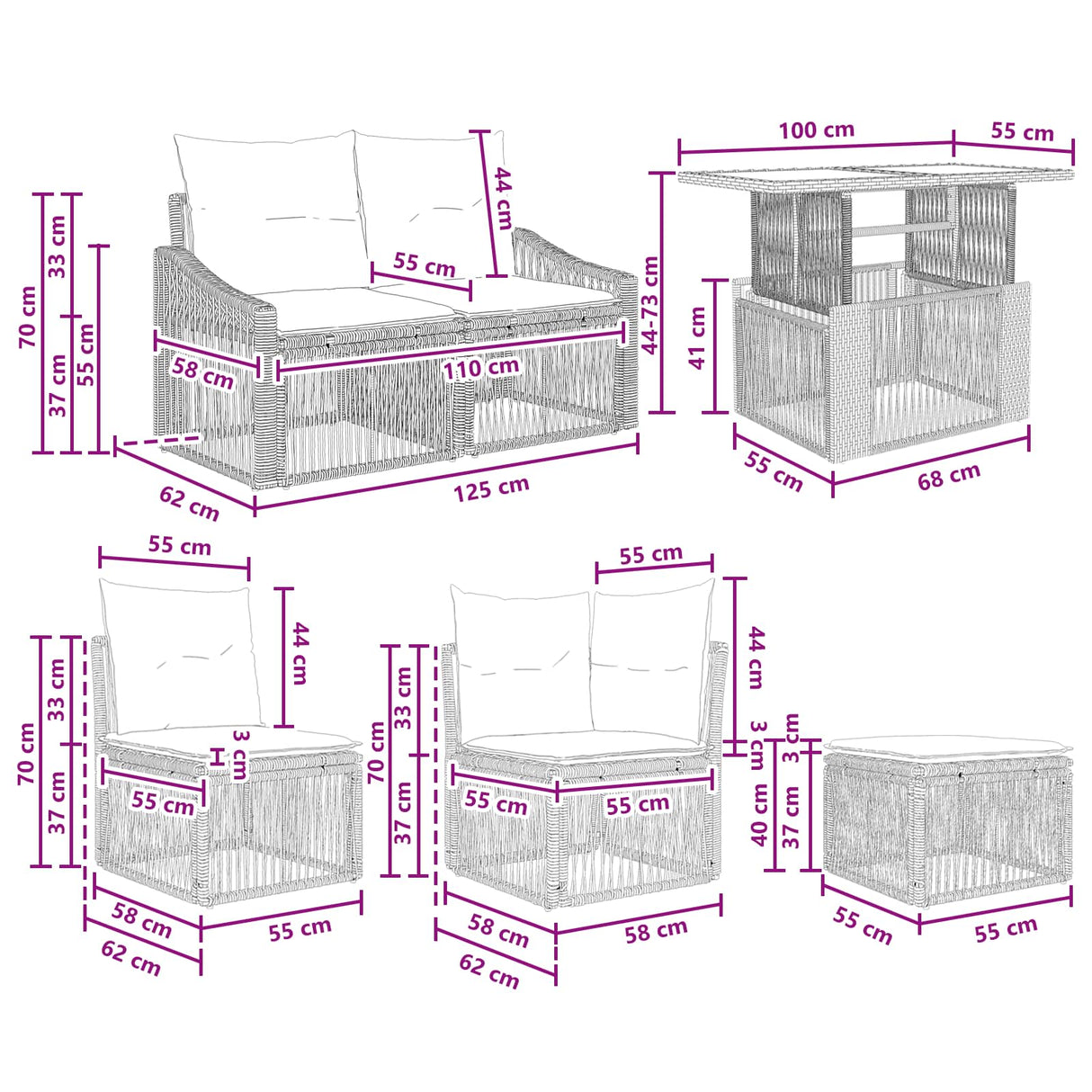 vidaXL Tuinbank Set 9 st Zwart en Crème Wit poly rattan
