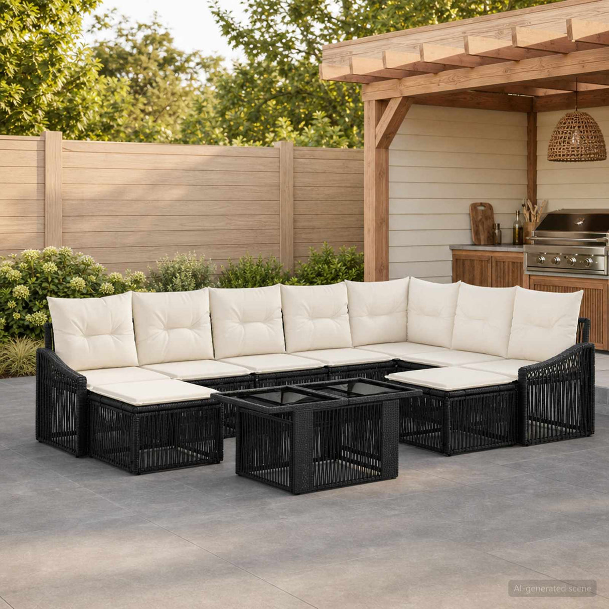 vidaXL Garden Lounge Set 10 Pieces Black and Cream White Poly Rattan