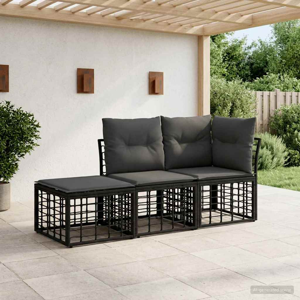 vidaXL Buiten bank set met kussen 3 pcs Zwart Polyester