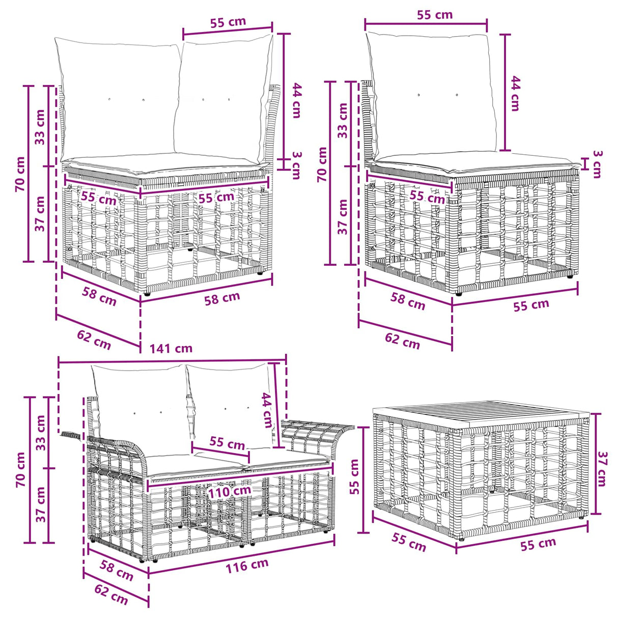 vidaXL Buiten bank set 7 st Zwart en Donker Grijs poly rattan