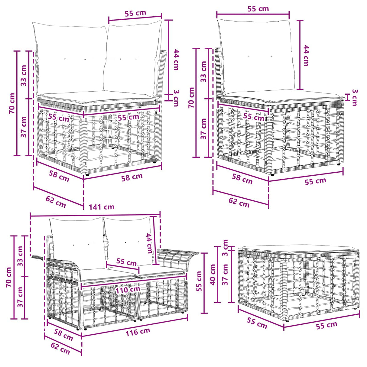 vidaXL Outdoor Sofa Set 6 pcs Black and Dark Grey Polyester