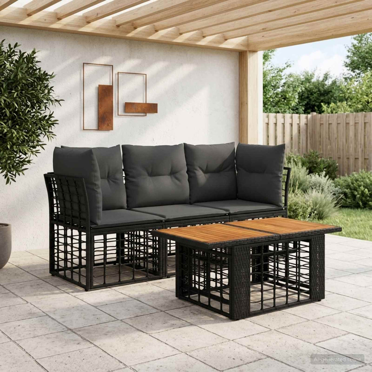 vidaXL Tuinbank Set 4 st Zwart en Donkergrijs poly rattan