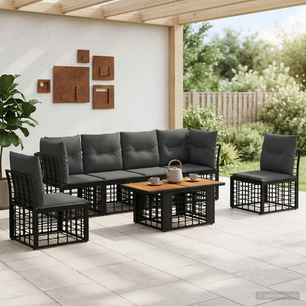 vidaXL Garden Lounge Set 7 pcs Black and Dark Grey poly rattan