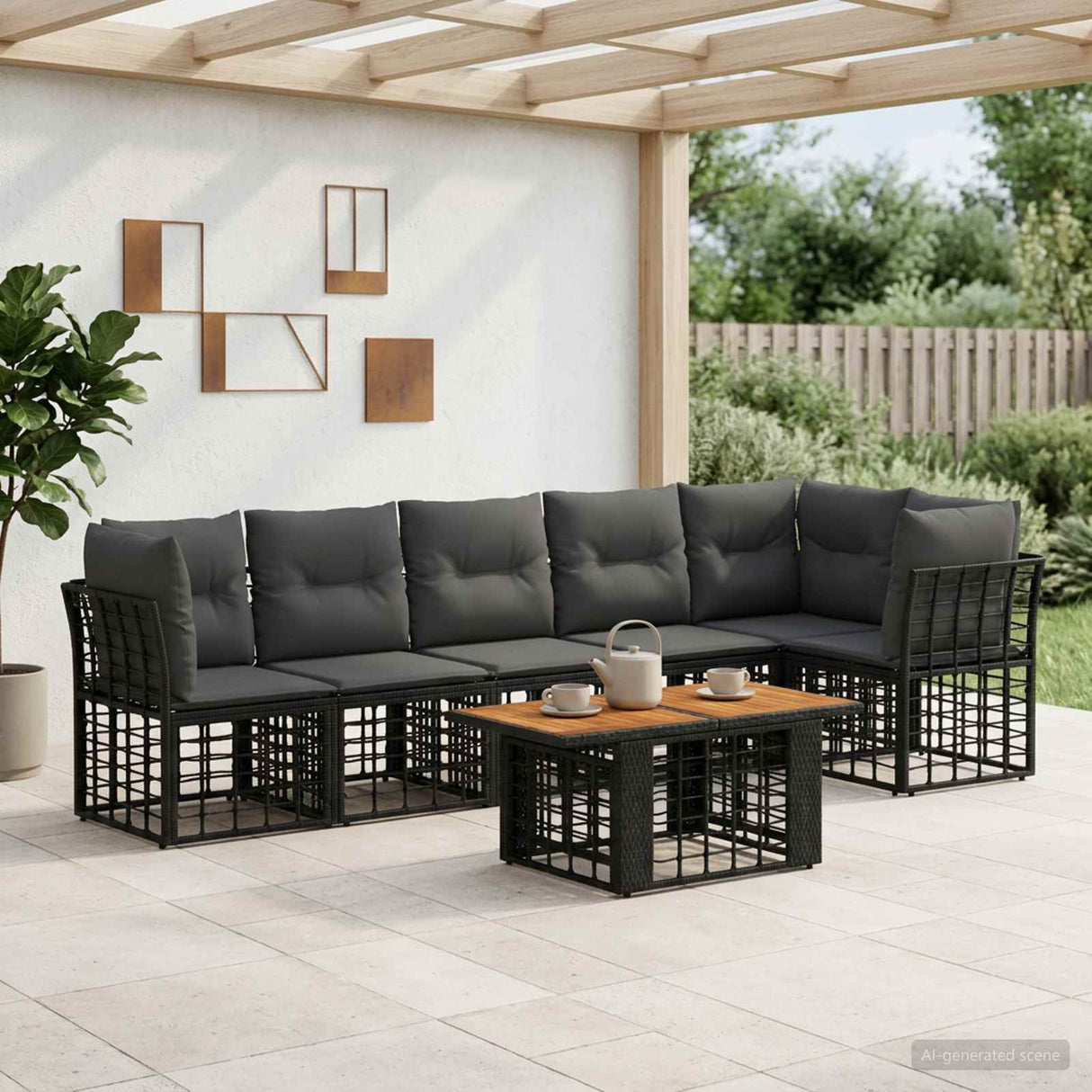 vidaXL Tuinbank Set 7 st Zwart en Donkergrijs poly rattan