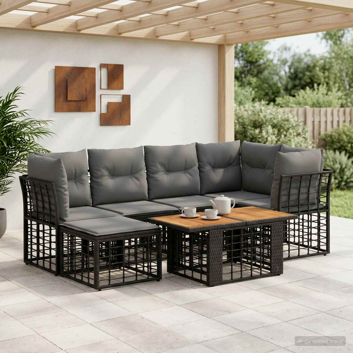 vidaXL Tuinbank Set 7 st Zwart en Donkergrijs poly rattan