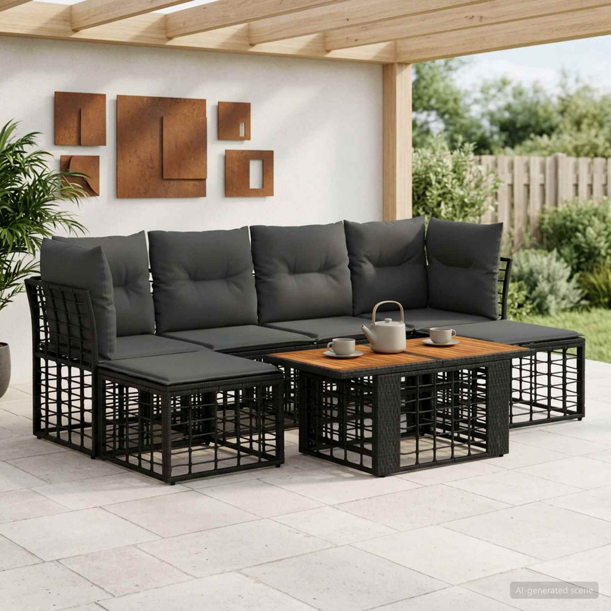 vidaXL Tuinbank Set 7 st Zwart en Donkergrijs poly rattan