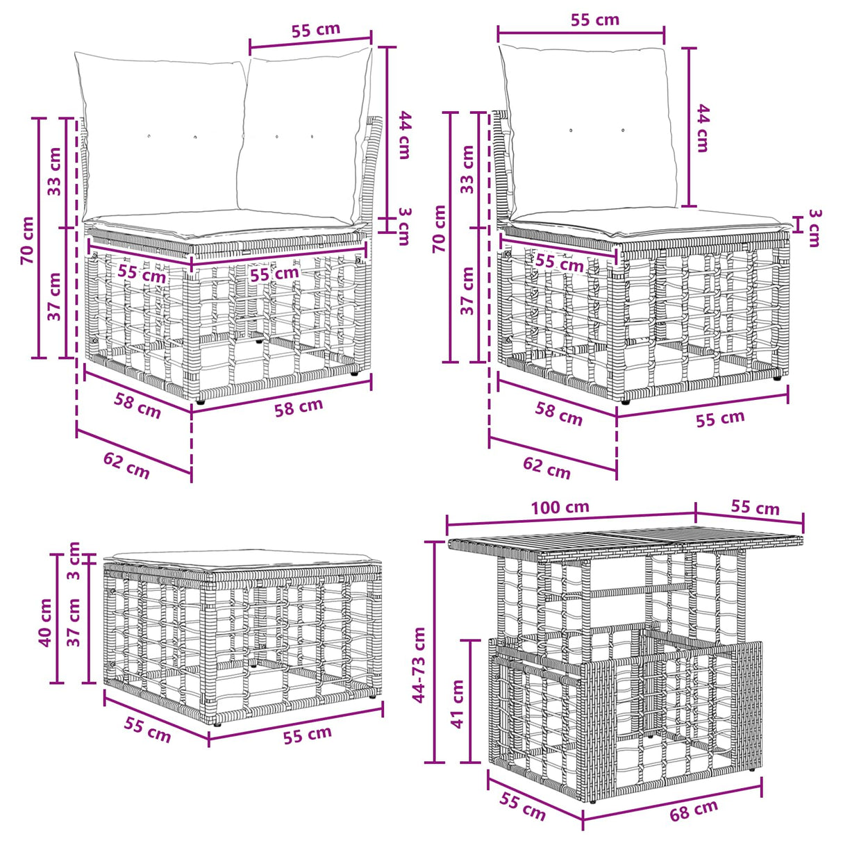 vidaXL Tuinbank Set 7 st Zwart en Donkergrijs poly rattan