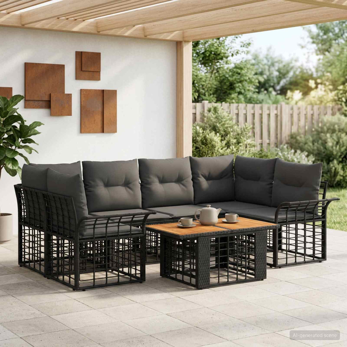 vidaXL Tuinbank Set 7 st Zwart en Donkergrijs poly rattan