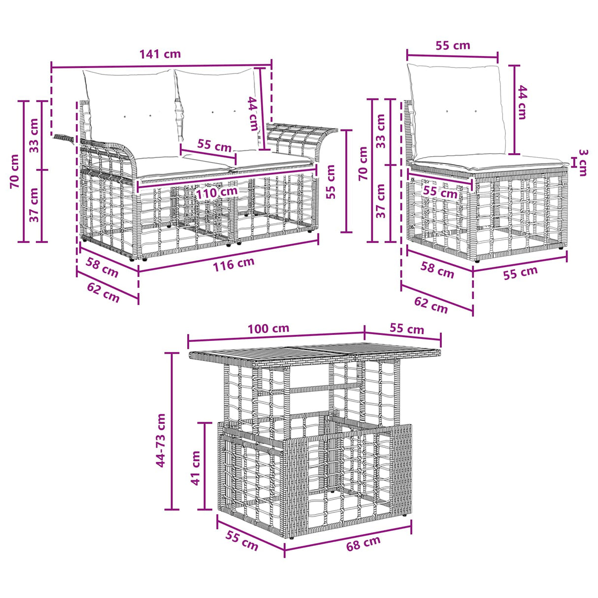 vidaXL Tuinbank Set 7 st Zwart en Donkergrijs poly rattan