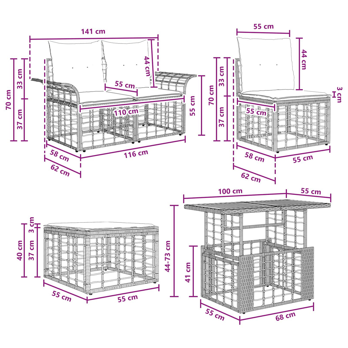 vidaXL Tuinbank Set 7 st Zwart en Donkergrijs poly rattan