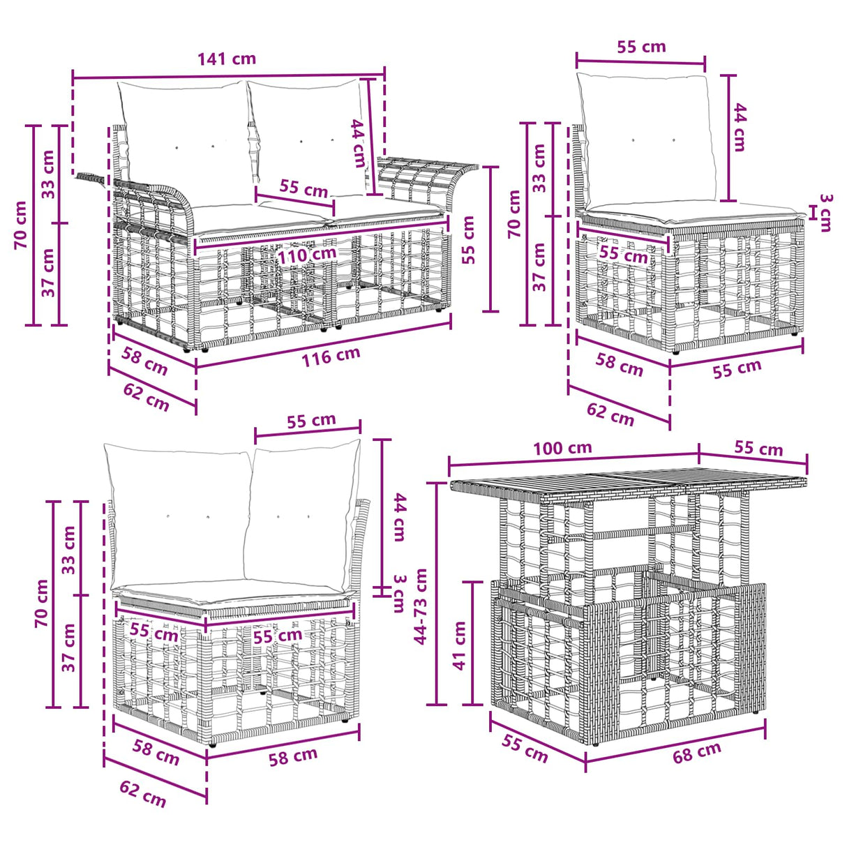 vidaXL Tuinbank Set 14 st Zwart en Donkergrijs poly rattan