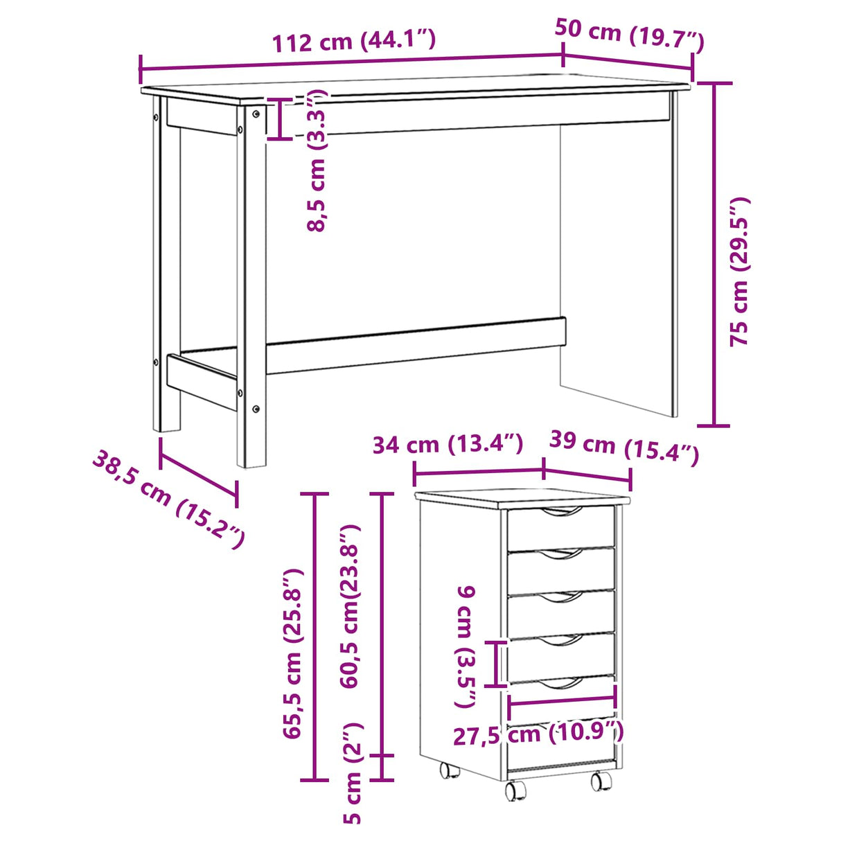 vidaXL Bureau en rolkast set MOSS 2 pcs HoningBruin