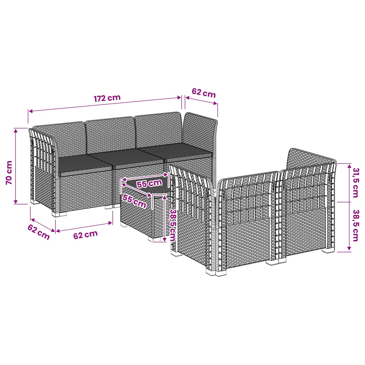 vidaXL 5-Zits Tuinbank Rattanlook PP Antraciet