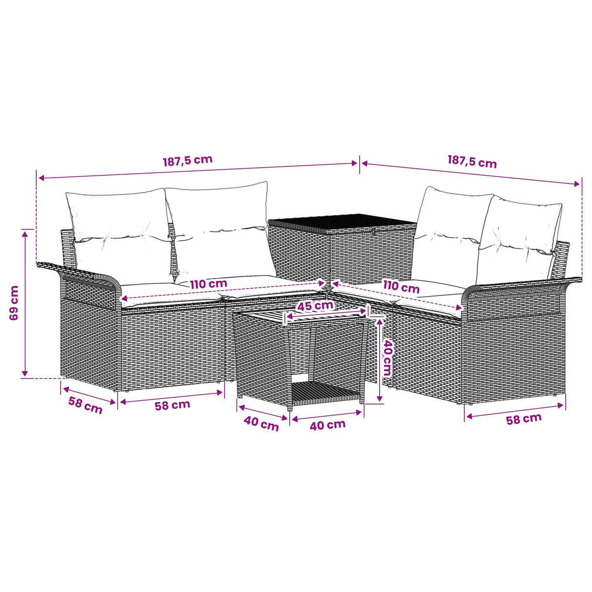 vidaXL Bankstel 6 st Zwart Poly Rattan en Staal