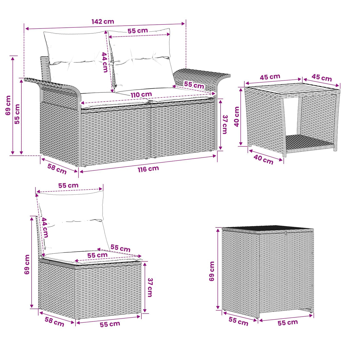 vidaXL Bankstel 6 st Zwart Poly Rattan en Staal