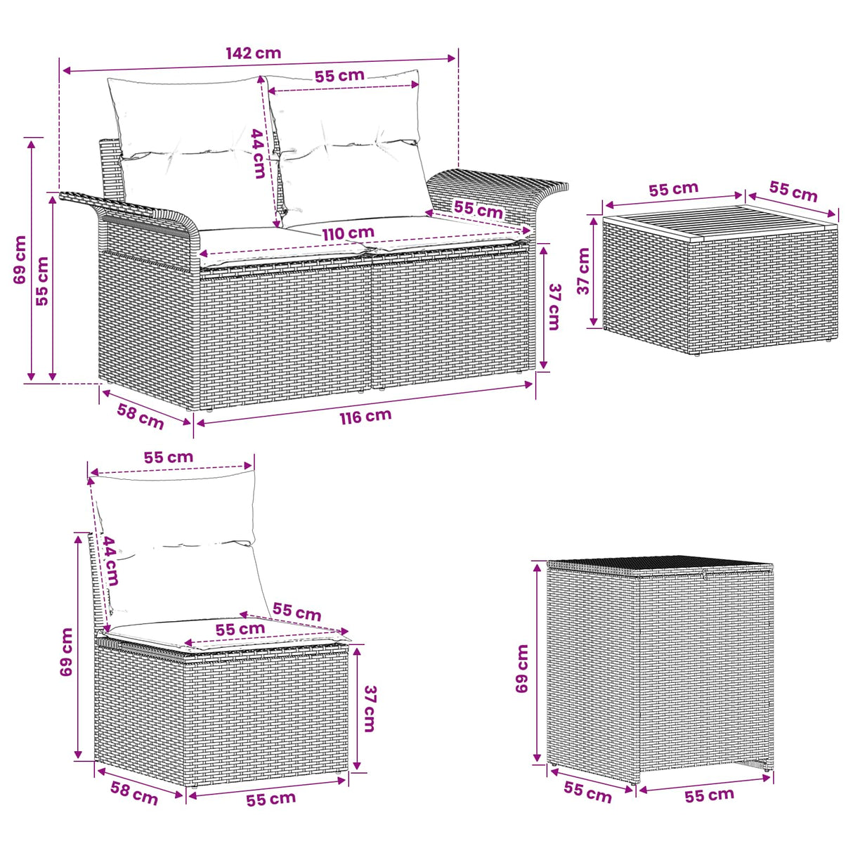vidaXL Bankstel 6 pcs 4-Aantal zitplaatsen Zwart Poly Rattan en Staal