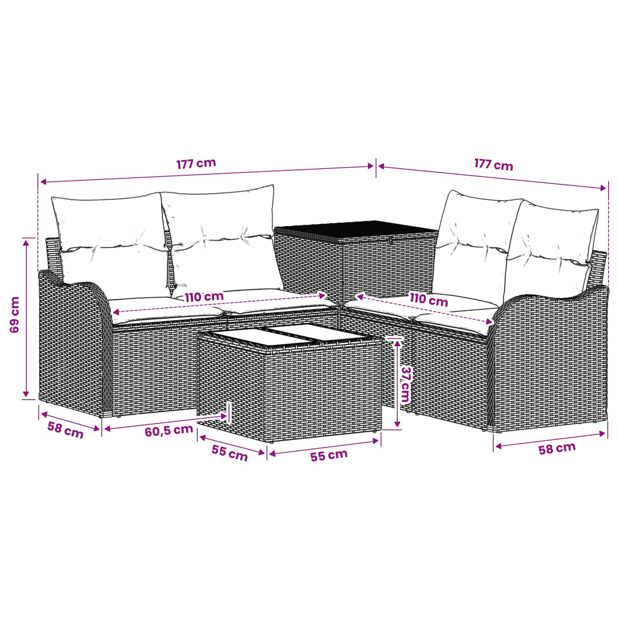 vidaXL Bankstel 6 st Zwart Poly Rattan en Staal