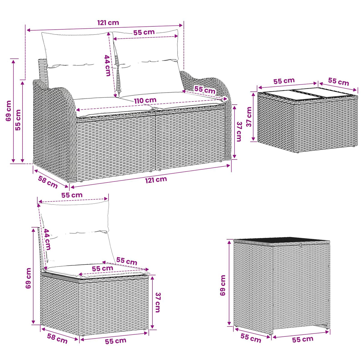 vidaXL Bankstel 6 st Zwart Poly Rattan en Staal