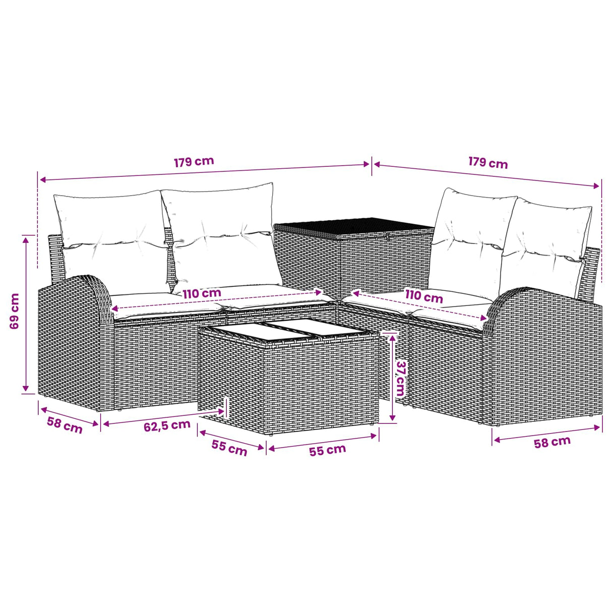 vidaXL Bankstel 6 st Zwart Poly Rattan en Staal