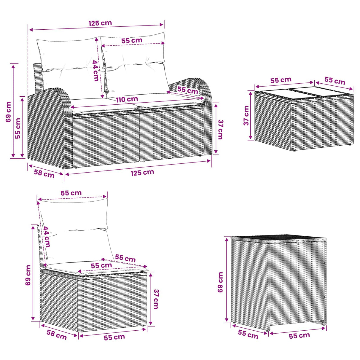 vidaXL Bankstel 6 st Zwart Poly Rattan en Staal