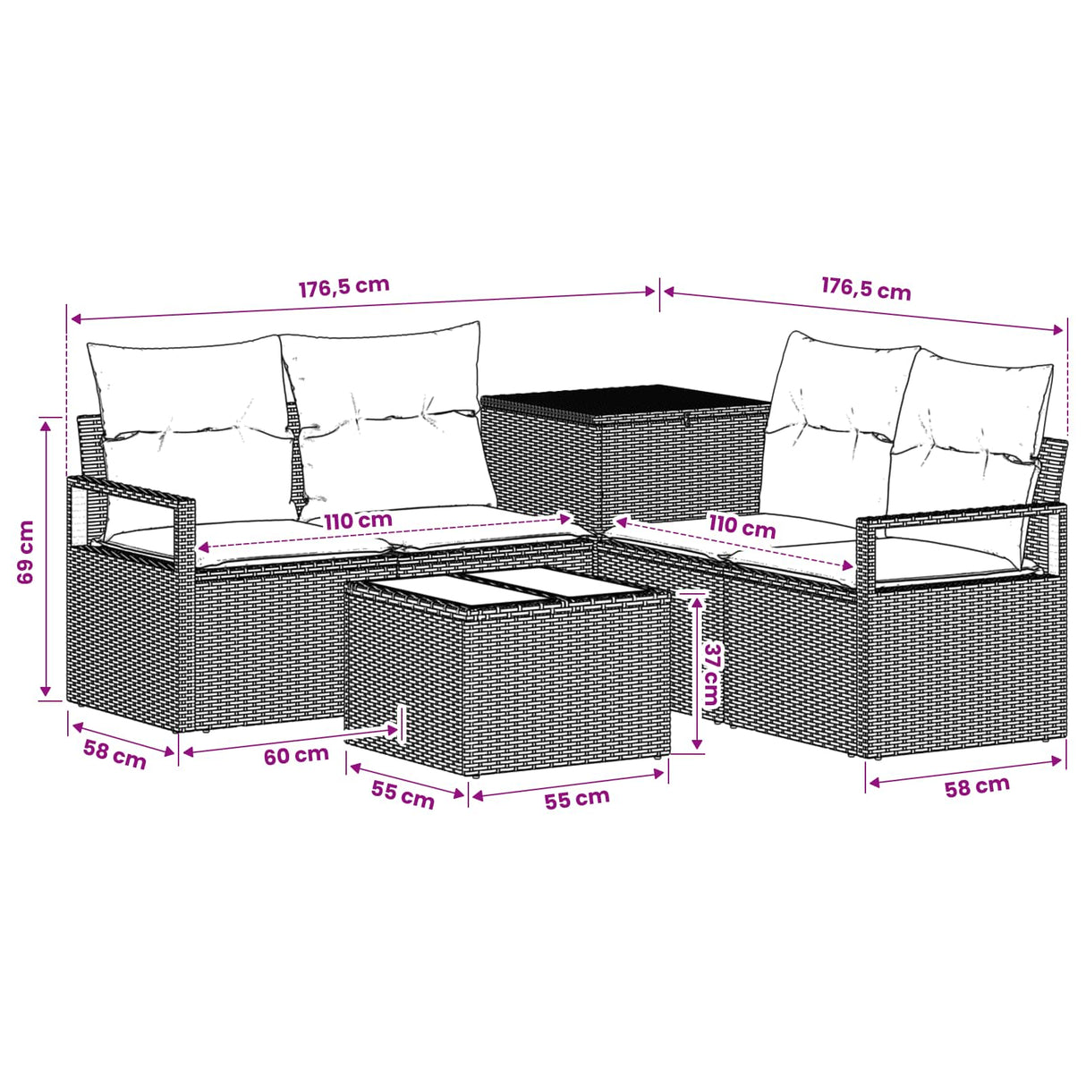 vidaXL Bankstel 6 st Zwart Poly Rattan en Staal