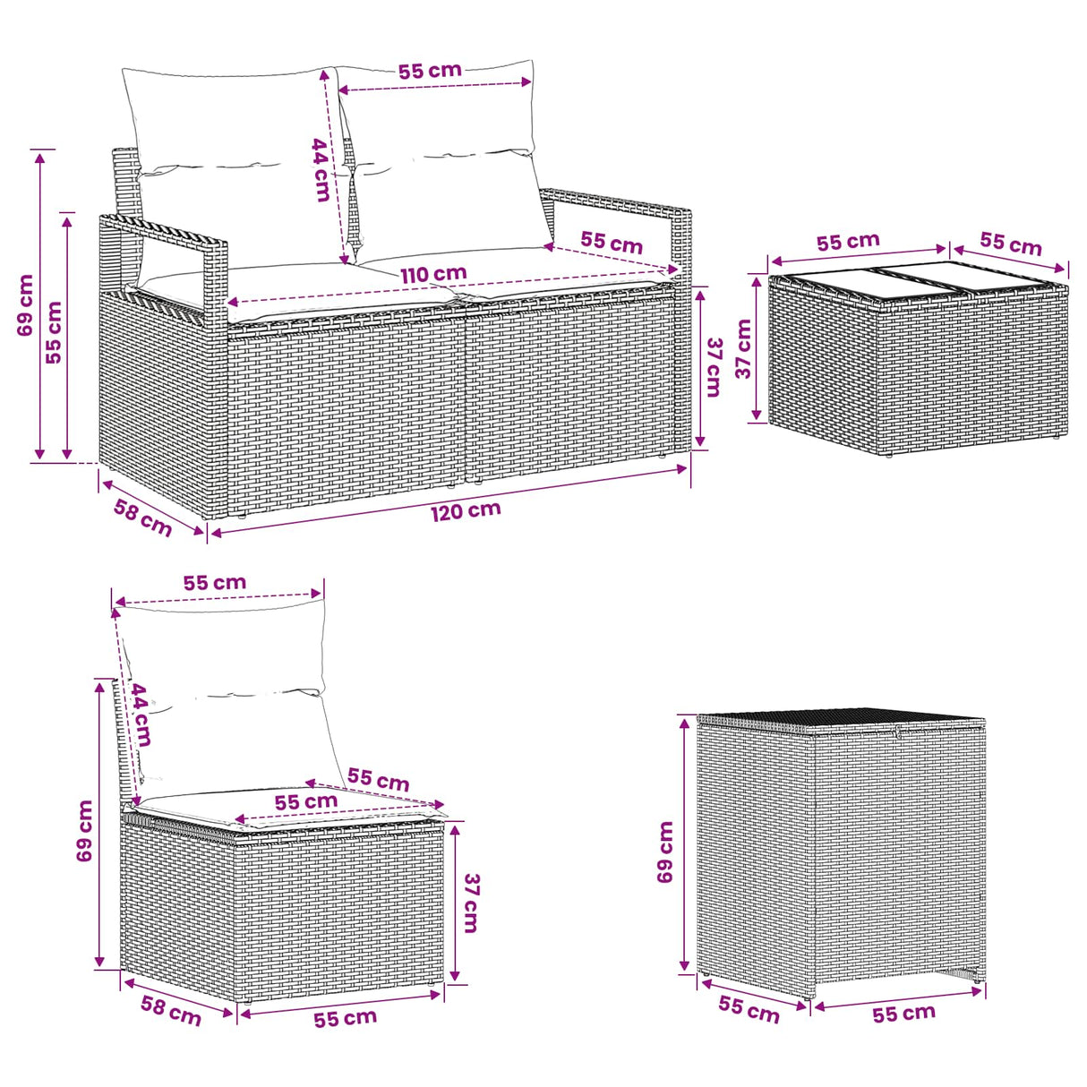 vidaXL Bankstel 6 st Zwart Poly Rattan en Staal