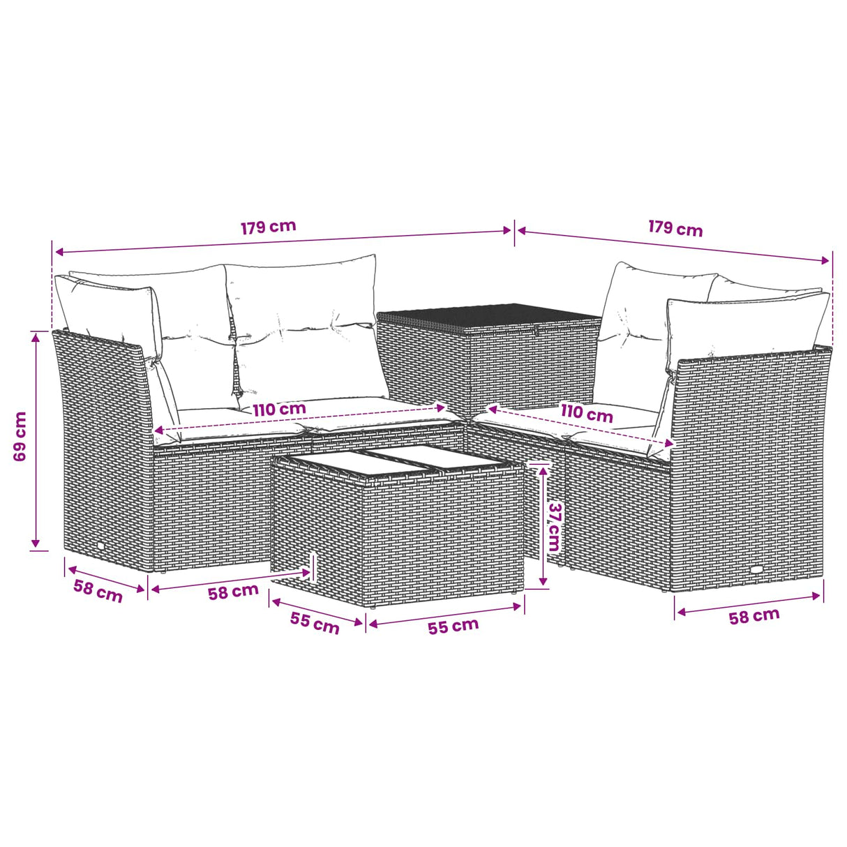 vidaXL Bankstel 6 st Zwart Poly Rattan en Staal
