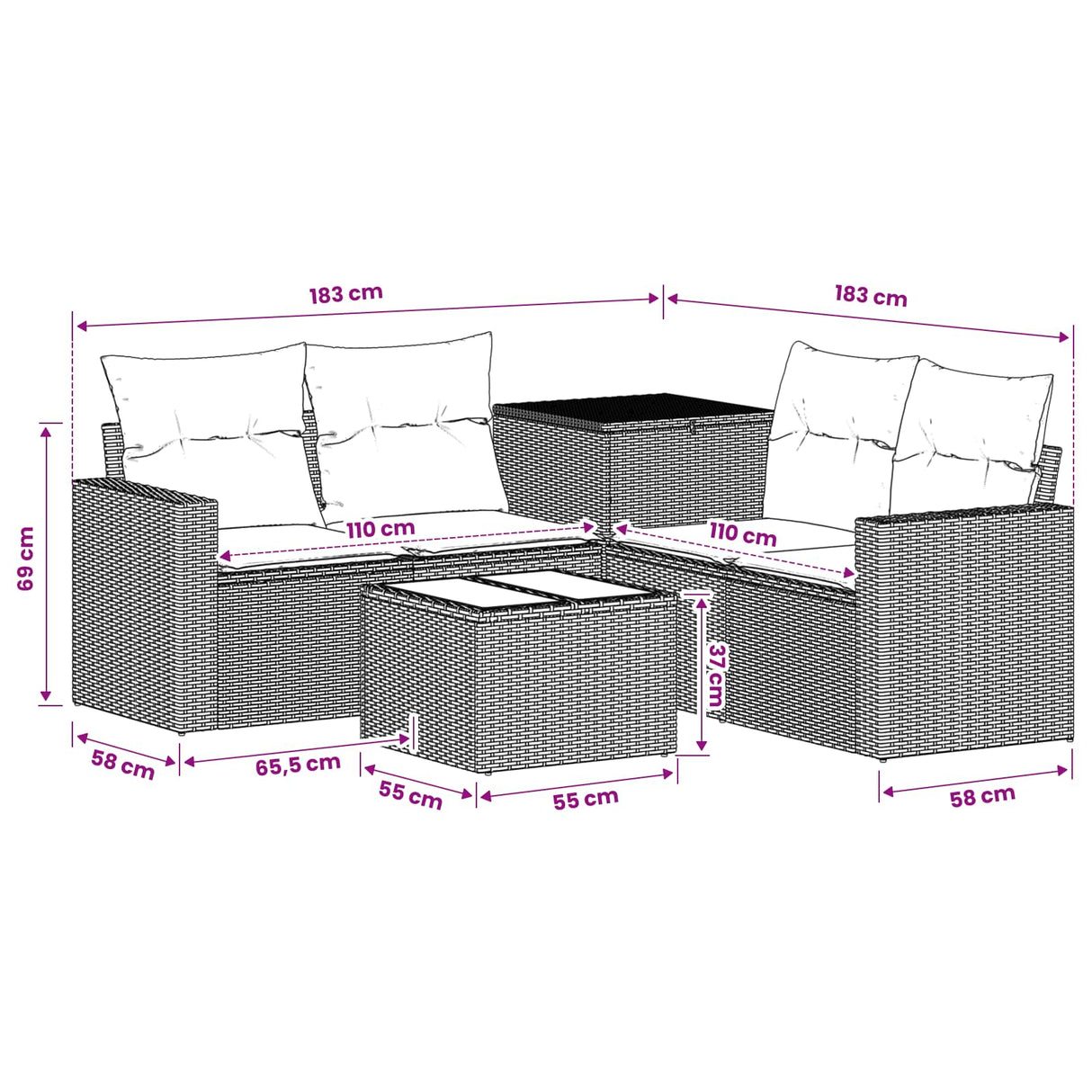 vidaXL Bankstel 6 st Zwart Poly Rattan en Staal