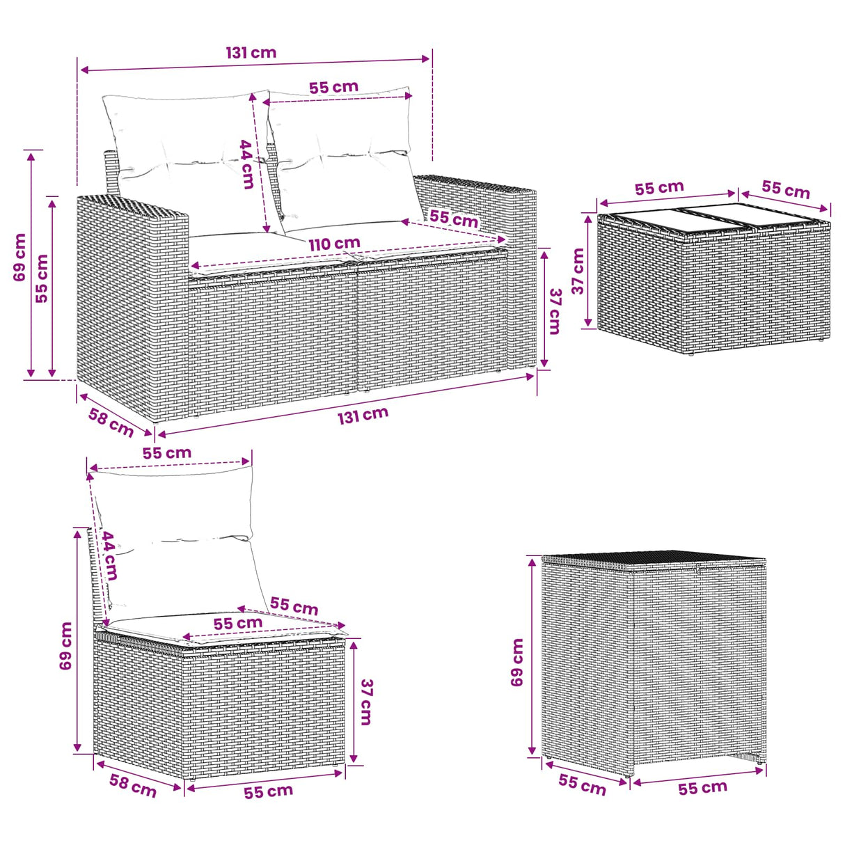 vidaXL Bankstel 6 st Zwart Poly Rattan en Staal