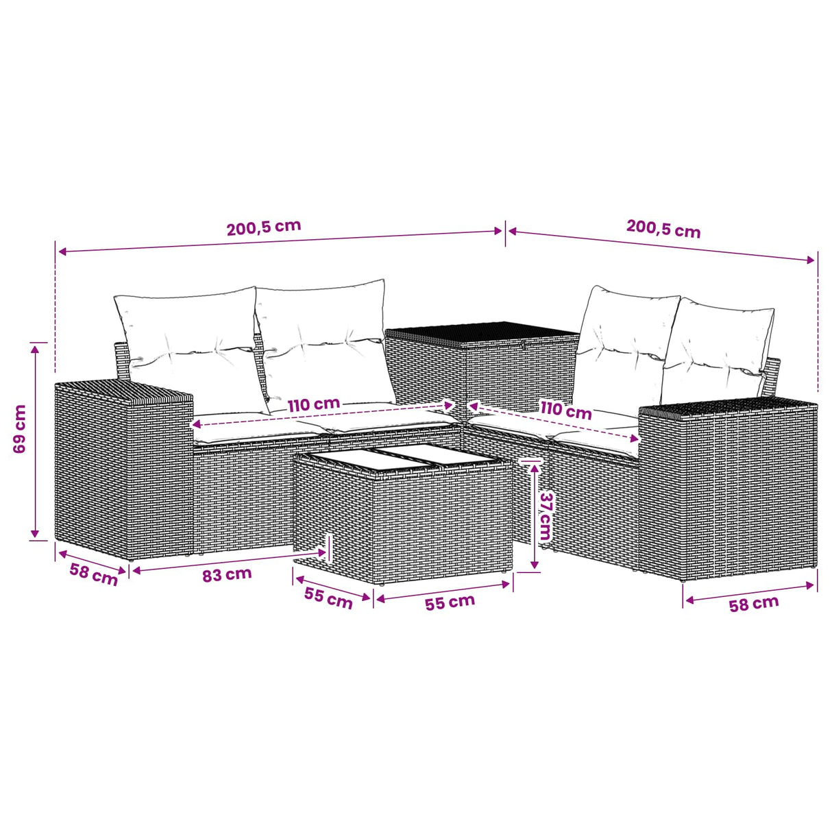 vidaXL 6-Piece Sofa Set Black Poly Rattan and Steel