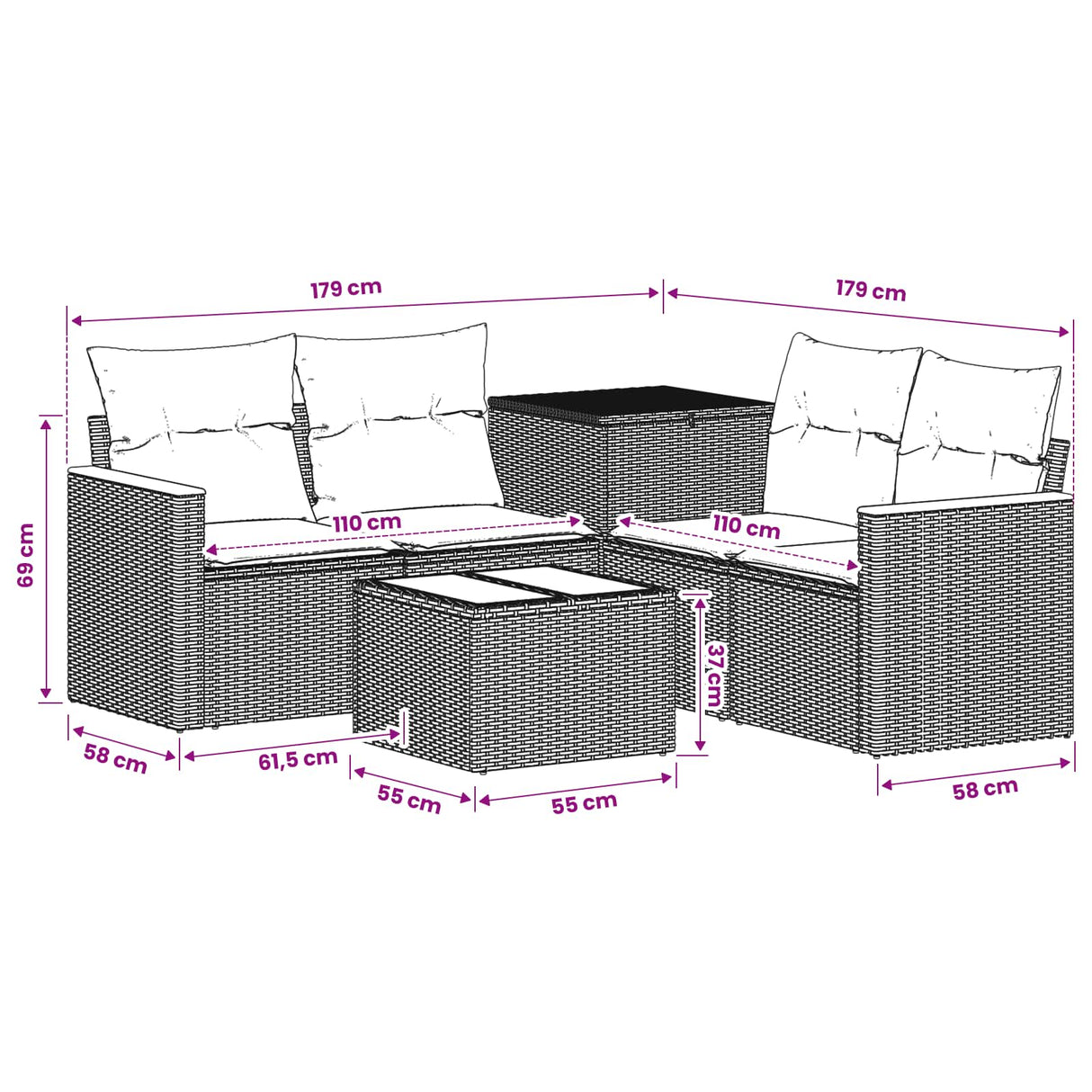 vidaXL Bankstel 6 st Zwart Poly Rattan en Staal