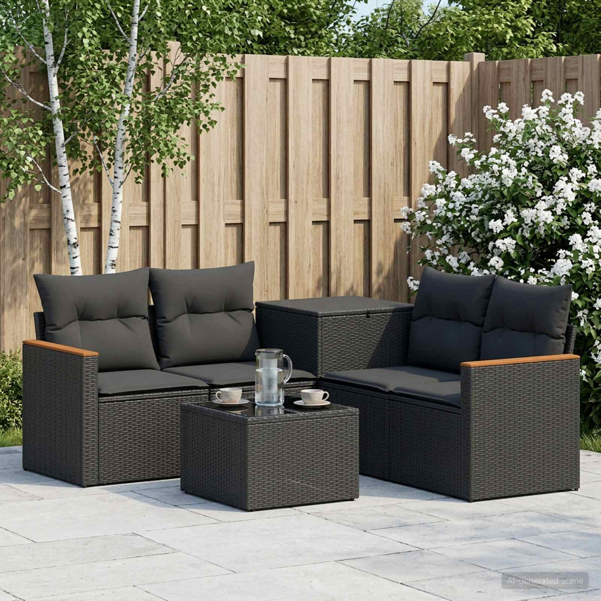 vidaXL Bankstel 6 st Zwart Poly Rattan en Staal