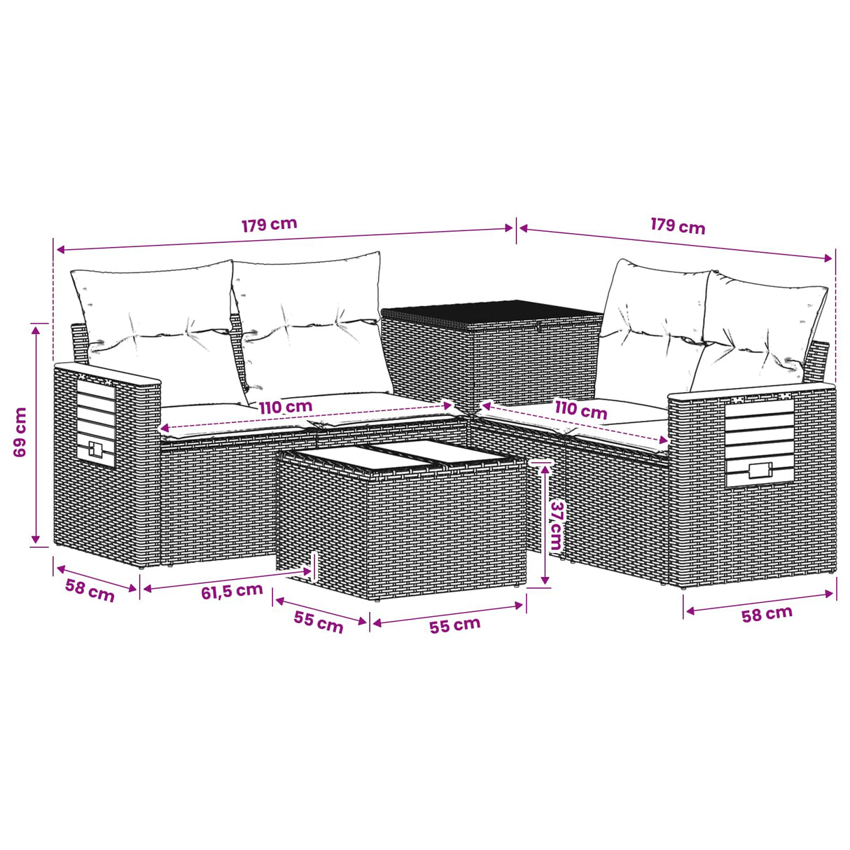 vidaXL Bankstel 6 st Zwart Poly Rattan en Staal