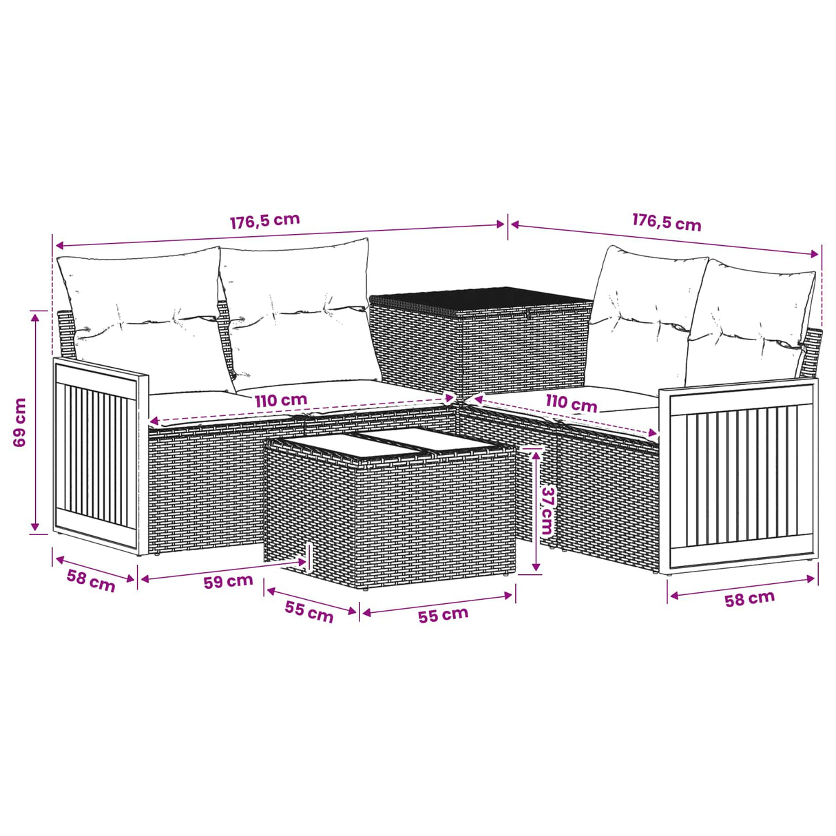 vidaXL Bankstel 6 st Zwart Poly Rattan en Staal