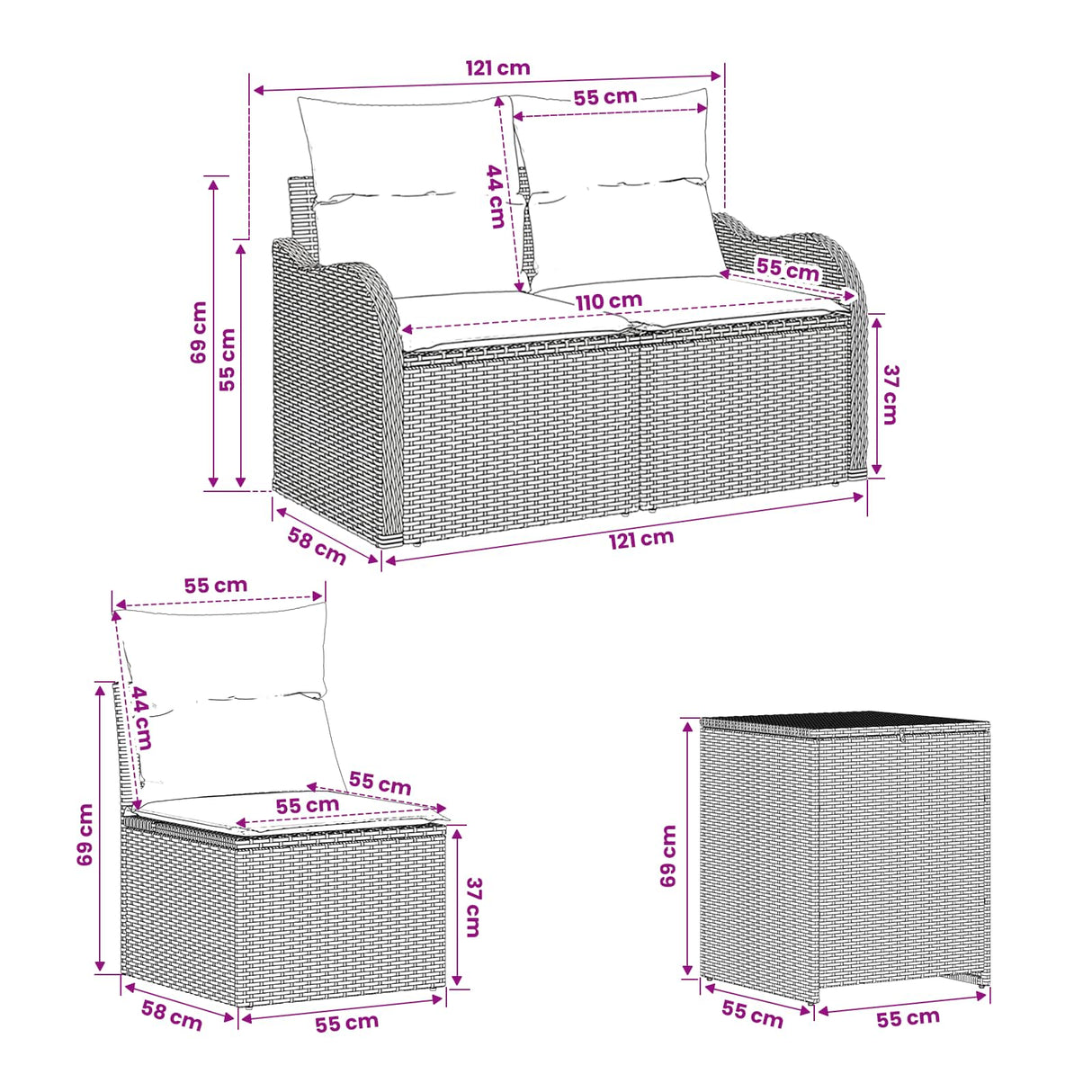 vidaXL Bankstel 5 st Zwart Poly Rattan en Staal