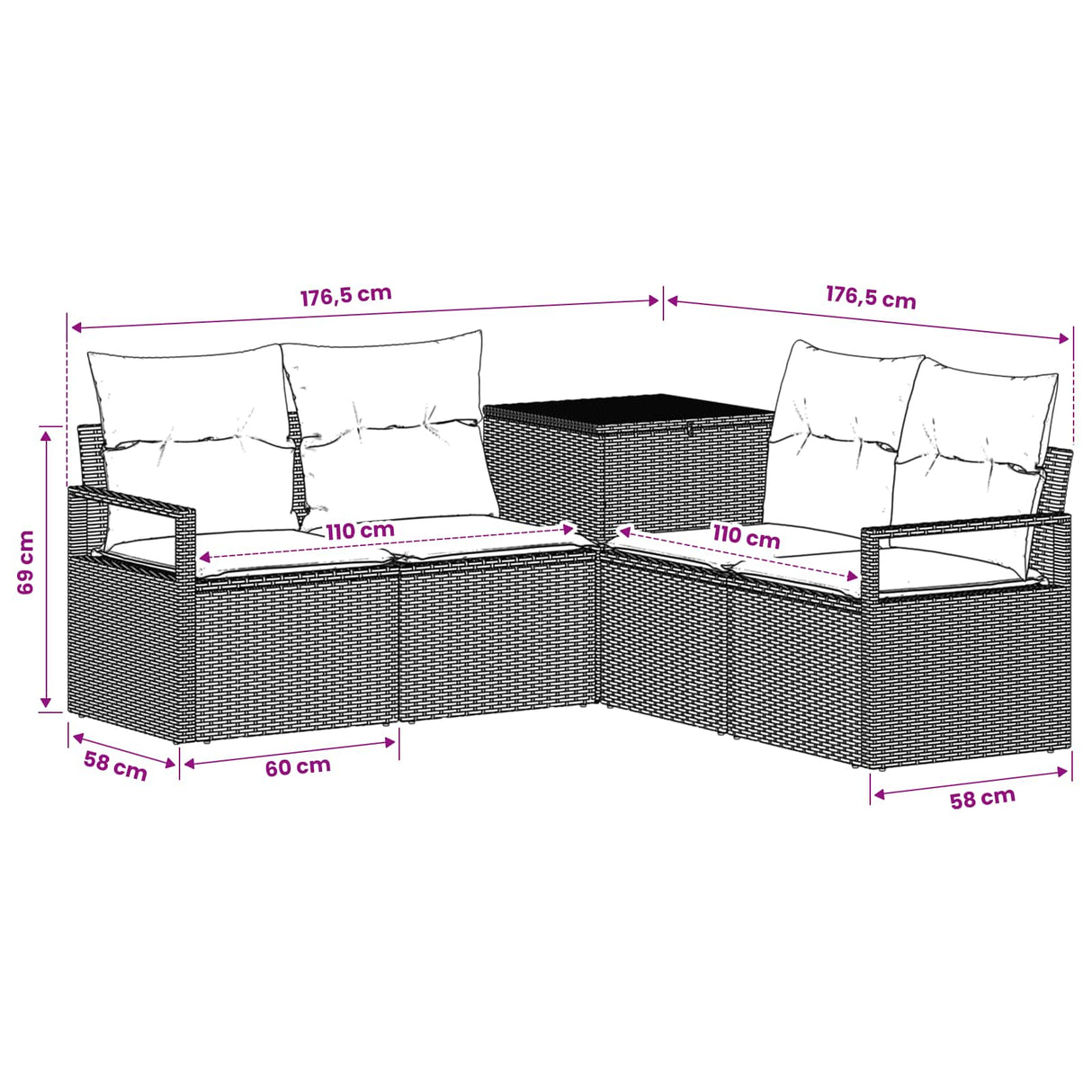 vidaXL Bankstel 5 st Zwart Poly Rattan en Staal
