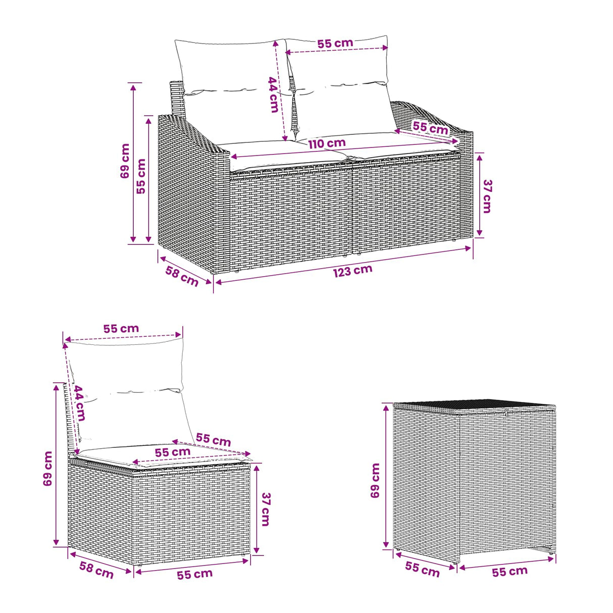 vidaXL Bankstel 5 st Zwart Poly Rattan en Staal