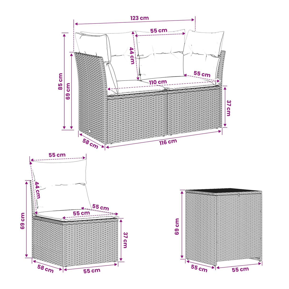 vidaXL Bankstel 5 st Zwart Poly Rattan en Staal