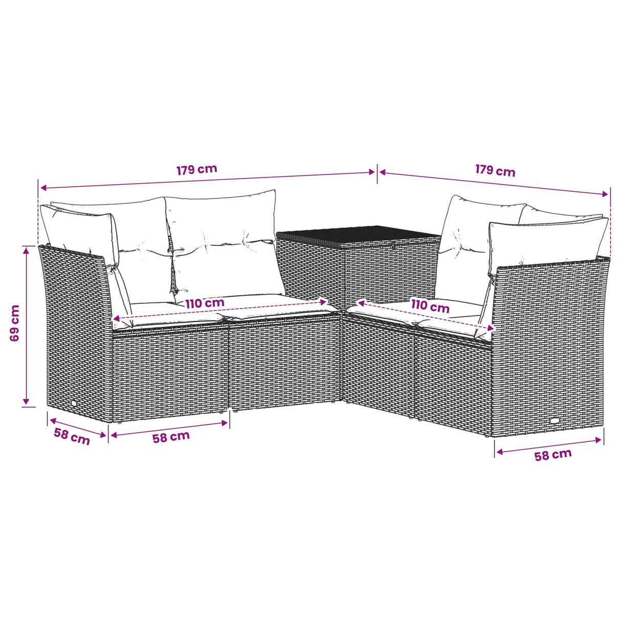 vidaXL Bankstel 5 st Zwart Poly Rattan en Staal