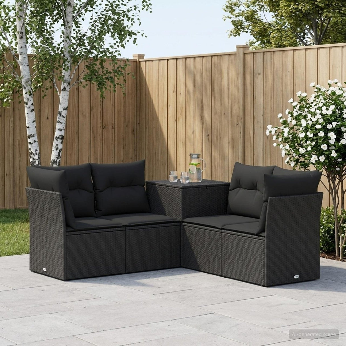 vidaXL Bankstel 5 st Zwart Poly Rattan en Staal